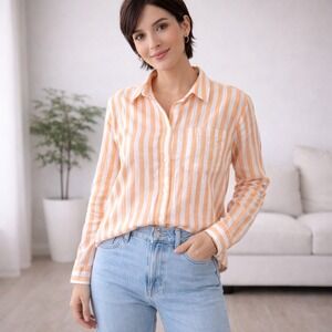 Lola River XL Peach White Stripe Button Up Shirt 100% Cotton Lightweight NWT